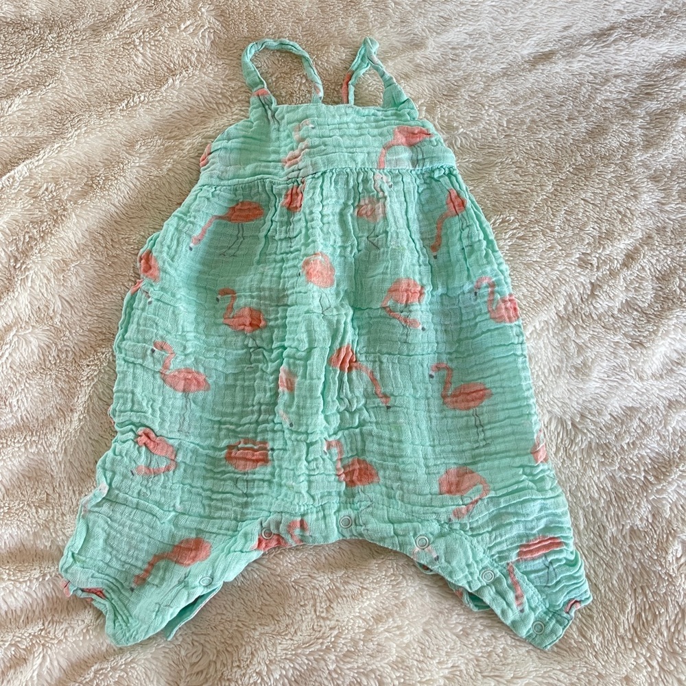 Angel Dear Pink Flamingo adjustable romper. 6-12month.